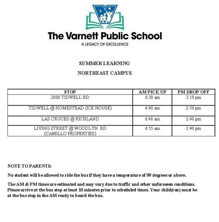 Summer Learning bus schedule